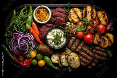 Colorful Platter of Fresh Vegetables and Grilled Foods