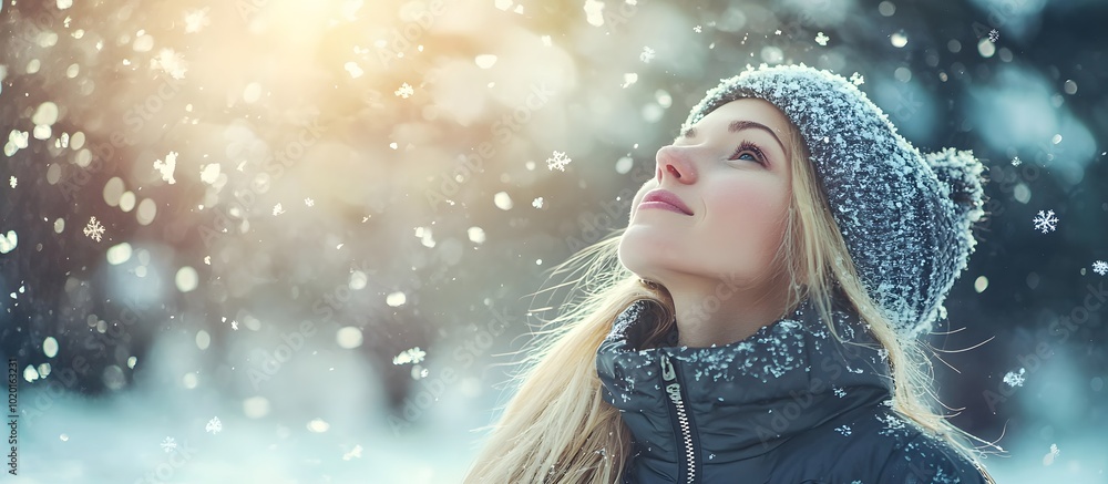 young woman looking up at snowfall in winter young woman looking up at snowfall in winter