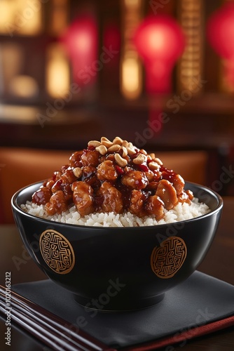 Un tazón con arroz y pollo frito cubierto en salsa dulce, decorado con cacahuetes triturados. El fondo tiene luces rojas difusas, creando un ambiente acogedor.

 photo