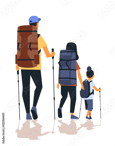 Family hiking adventure outdoor activity backpacks walking sticks diverse nature scene