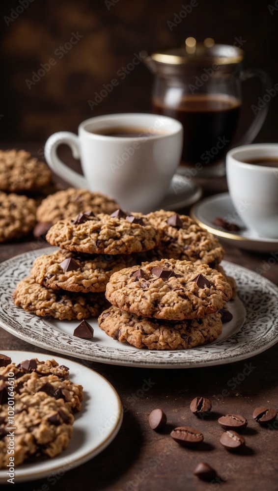 Stacked chocolate chip cookies with coffee cups on rustic tray, cozy setting Stacked chocolate chip cookies with coffee cups on rustic tray, cozy setting