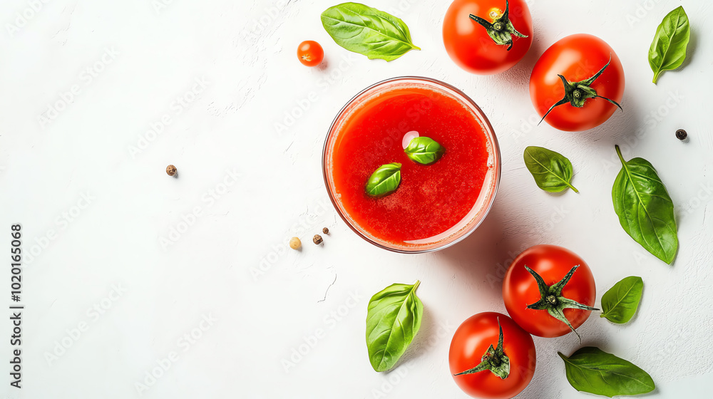Fototapeta premium Fresh tomato juice garnished with basil, surrounded by ripe tomatoes and basil leaves on a white background.