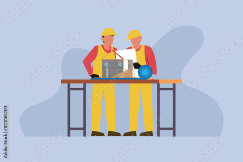 Construction Workers Reviewing Building Plans at a Table 2d flat vector illustration