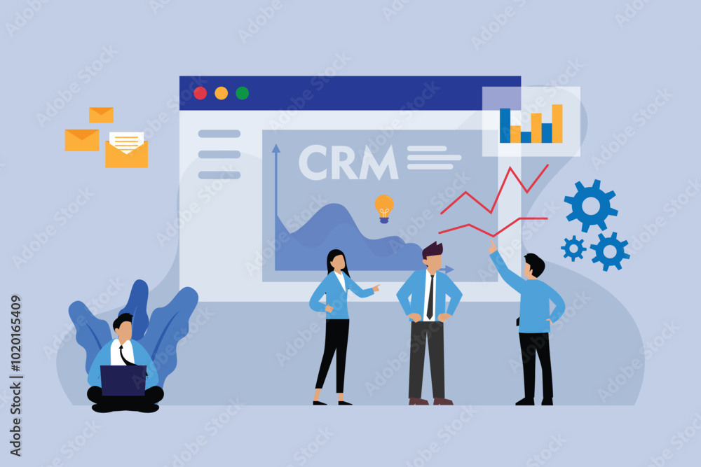 Team Analyzing CRM Software and Business Growth Data 2d flat vector illustration Team Analyzing CRM Software and Business Growth Data 2d flat vector illustration