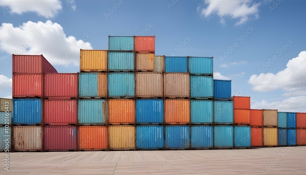 Fototapeta premium Colorful shipping containers stacked in a long row, with a wooden dock in the foreground and a cloudy blue sky in the background
