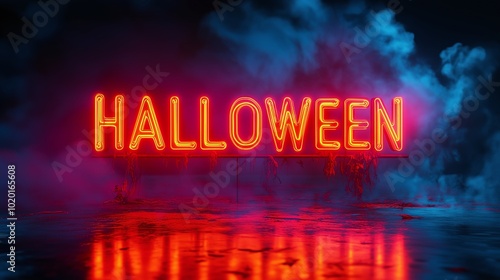 A pink, yellow, orange and blue neon light sign with text Halloween. Lighting sign on a dark night street, Halloween concept, Sign on the street, on the road at night. Banner, poster, wallpaper