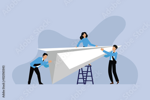 Business Team Building and Launching a Paper Airplane for Startup 2d flat vector illustration