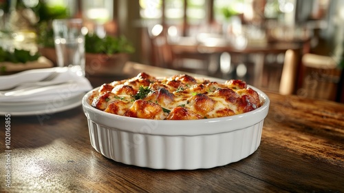 Una cazuela de verduras y queso gratinado, recién sacada del horno, servida en un ambiente cálido de restaurante.

 photo