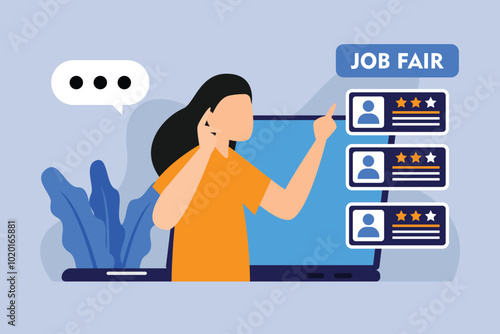 Online Job Fair Concept with Candidate Profiles and Woman Searching for Jobs 2d flat vector illustration