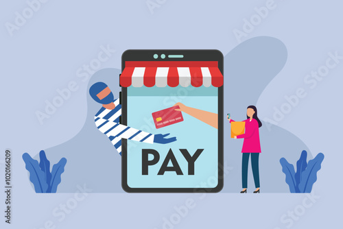 Online Payment Fraud and Cybersecurity Threat Concept with Thief Stealing Credit Card Information 2d flat vector illustration