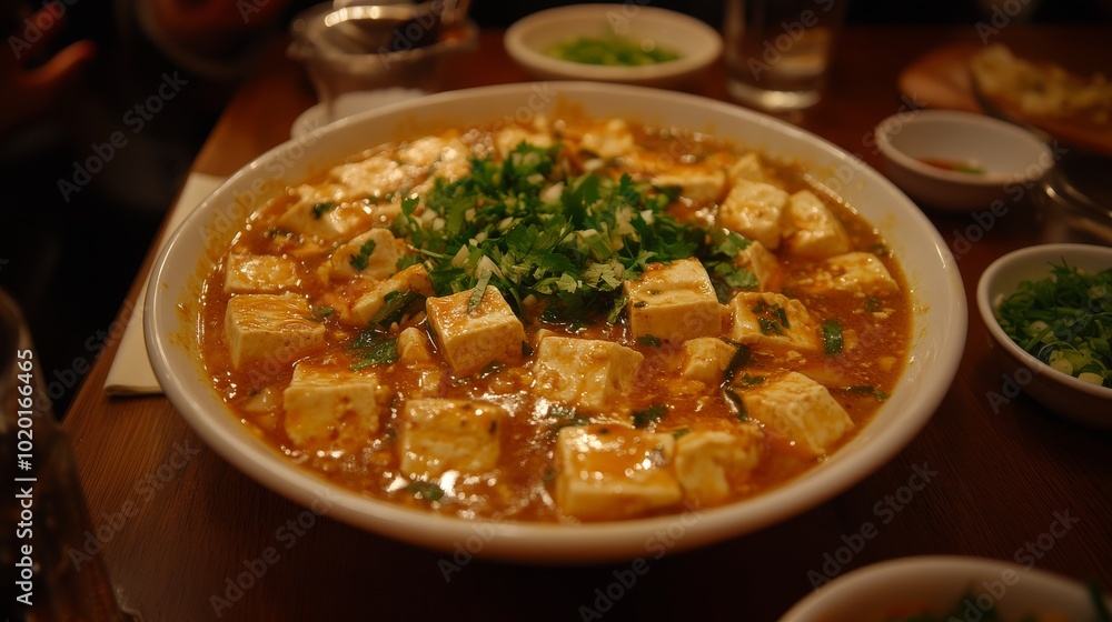 Un tazón de tofu picante con salsa de soya y cebollas verdes, servido en un ambiente cálido y acogedor de restaurante.
Un tazón de tofu picante con salsa de soya y cebollas verdes, servido en un ambiente cálido y acogedor de restaurante.
