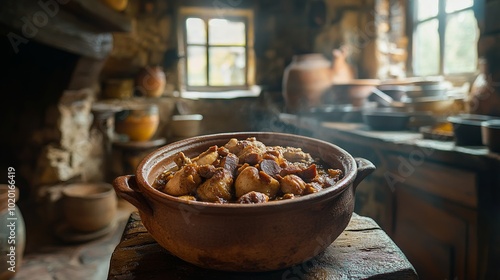 Un guiso tradicional de carne servido en una cazuela de barro, en un ambiente de cocina antigua, con vapor elevándose del plato.

