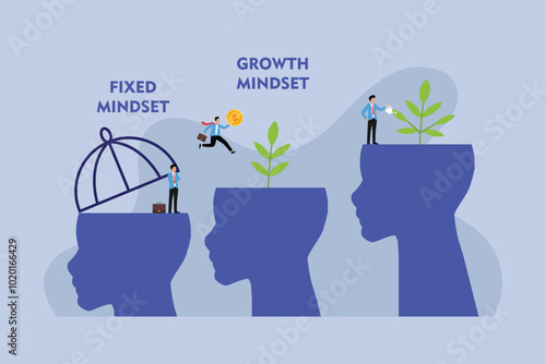 Fixed vs Growth Mindset Illustration with Plant Metaphor 2d flat vector illustration