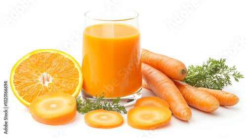 Freshly made orange and carrot juice with whole carrots and sliced fruits on a white background, showcasing healthy beverage ingredients.