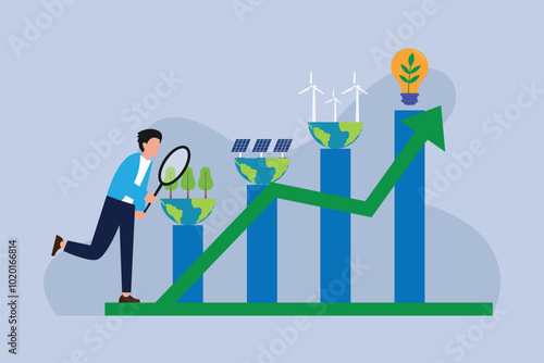 Sustainable Growth and Renewable Energy Concept with Business Analysis 2d flat vector illustration