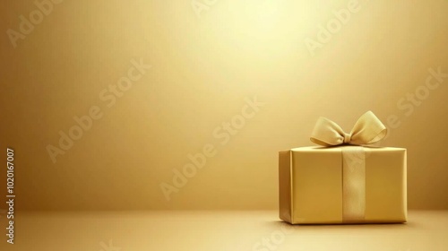 Luxurious golden gift box adorned with a matching ribbon and bow, placed against a warm gradient background, ideal for special occasions..