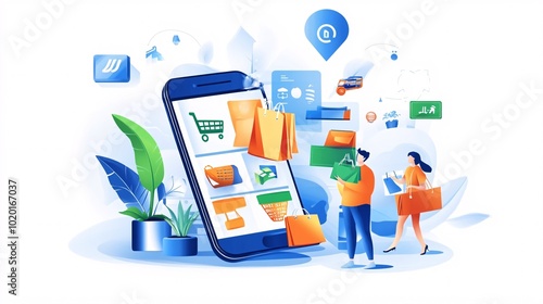 Online Shopping with Smartphone, Shopping Bags and People.