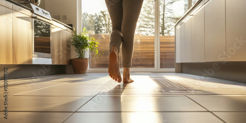 A person walks barefoot on a warm tiled kitchen floor illuminated by morning sunlight, showcasing the comfort of underfloor heating in a modern home..