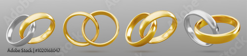 Gold and silver couple ring. 3d marriage jewelry vector. Two golden wedding jewel object. Realistic wife and husband celebration symbol. White platinum married circle pair for event. Romance gift