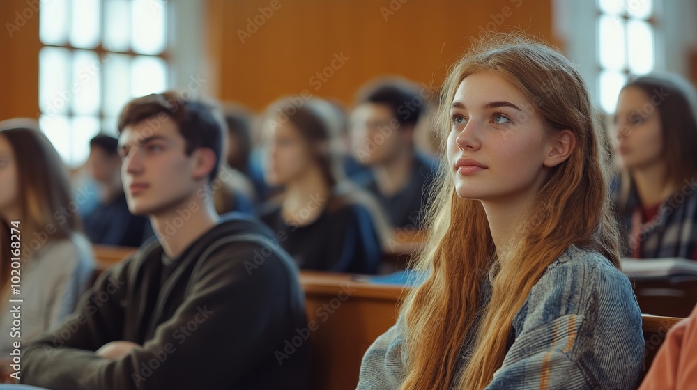 Engaged students in lecture hall with focused learning atmosphere Engaged students in lecture hall with focused learning atmosphere