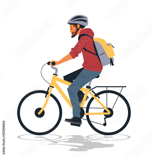 Man riding bicycle outdoor activity wearing helmet and backpack yellow bike casual attire isolated on white background