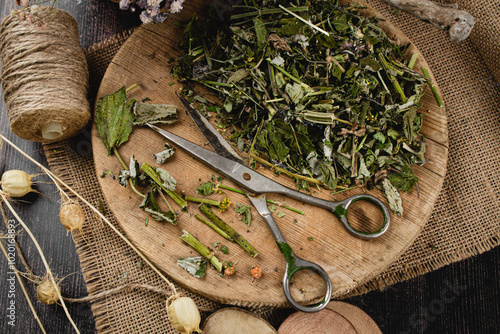 Dried healthy herbs. Chopped herbs for brewing