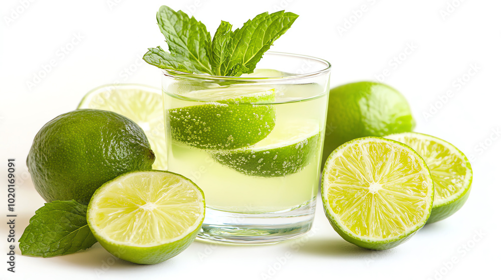 Refreshing beverage with lime and mint, served in a glass with fresh lime slices and leaves, perfect for summer days. Refreshing beverage with lime and mint, served in a glass with fresh lime slices and leaves, perfect for summer days.