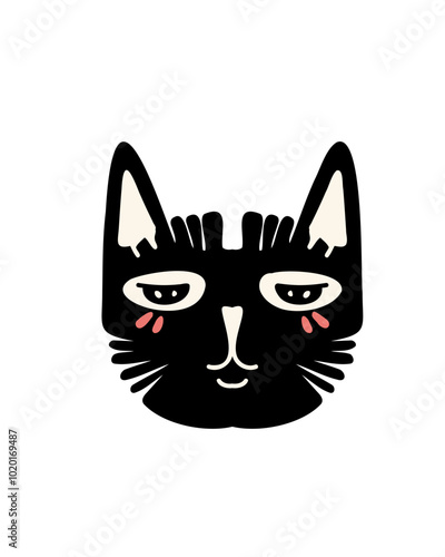 Cartoon cat face with a sly smile in black and white graphic.