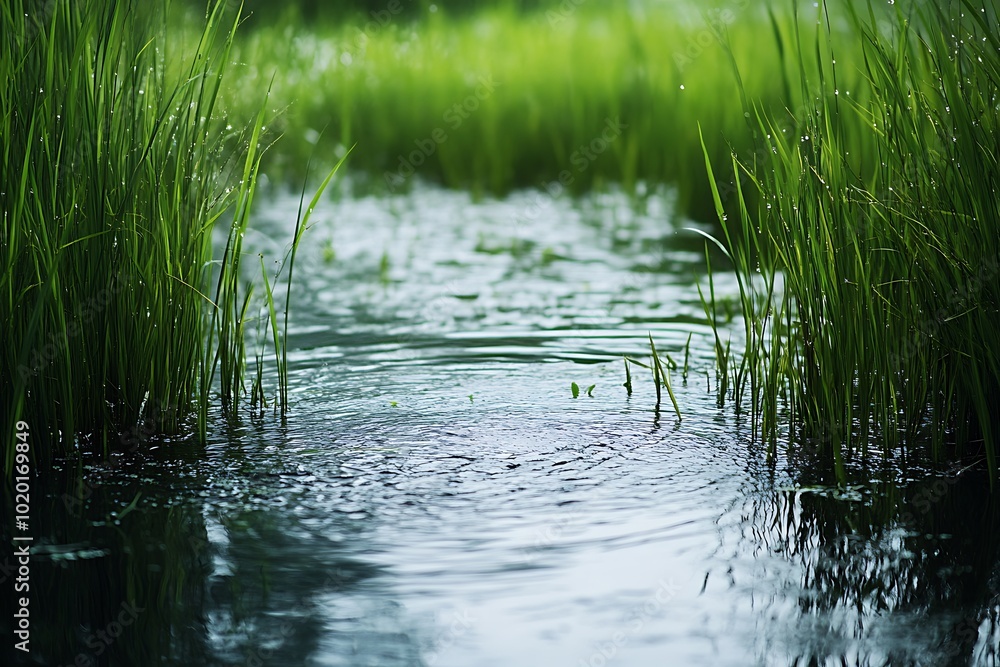 A serene water scene framed by lush green grass, reflecting tranquility and nature's beauty. A serene water scene framed by lush green grass, reflecting tranquility and nature's beauty.
