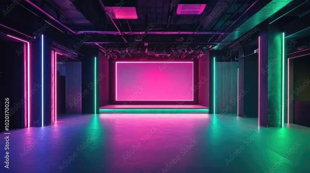 Fototapeta premium Club stage lit with neon green and pink lights, showcasing modern architecture with copy space for branding or text.