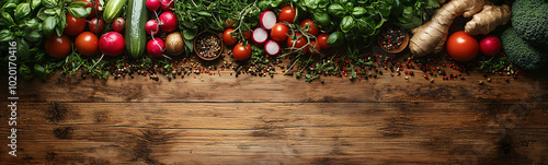 Fresh Harvest Bounty: A vibrant display of fresh vegetables and herbs on a rustic wooden table.