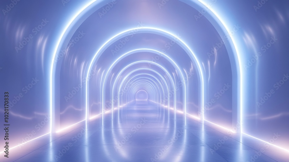 Naklejka premium Futuristic Neon-Lit Tunnel with White Arched Walls