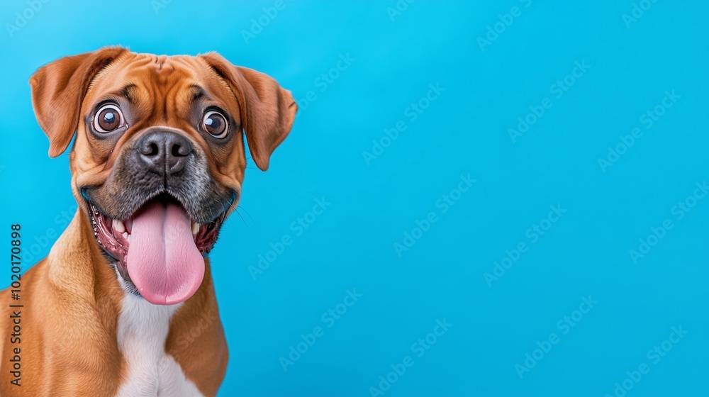 Boxer dog with wide eyes and tongue out, excited expression against a blue background Boxer dog with wide eyes and tongue out, excited expression against a blue background