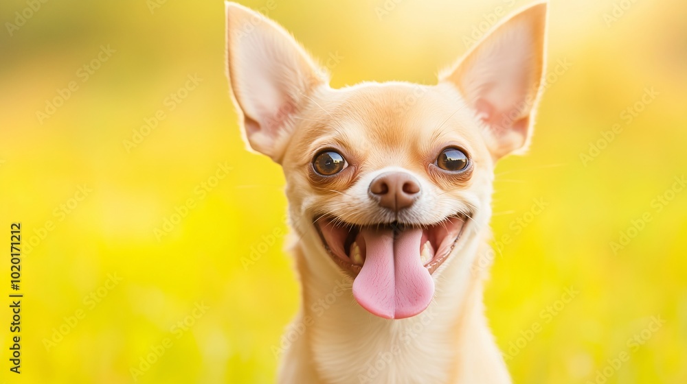 Chihuahua smiling with tongue out in a sunny outdoor setting, yellow background Chihuahua smiling with tongue out in a sunny outdoor setting, yellow background