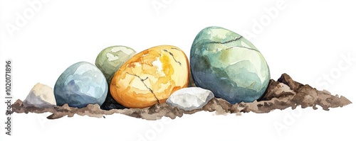 Fossilized dinosaur egg cluster, embedded in ancient soil, detailed texture, watercolor style photo