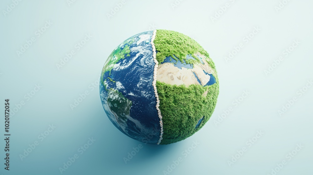 Globe depicting earth's ecosystems split view Globe depicting earth's ecosystems split view