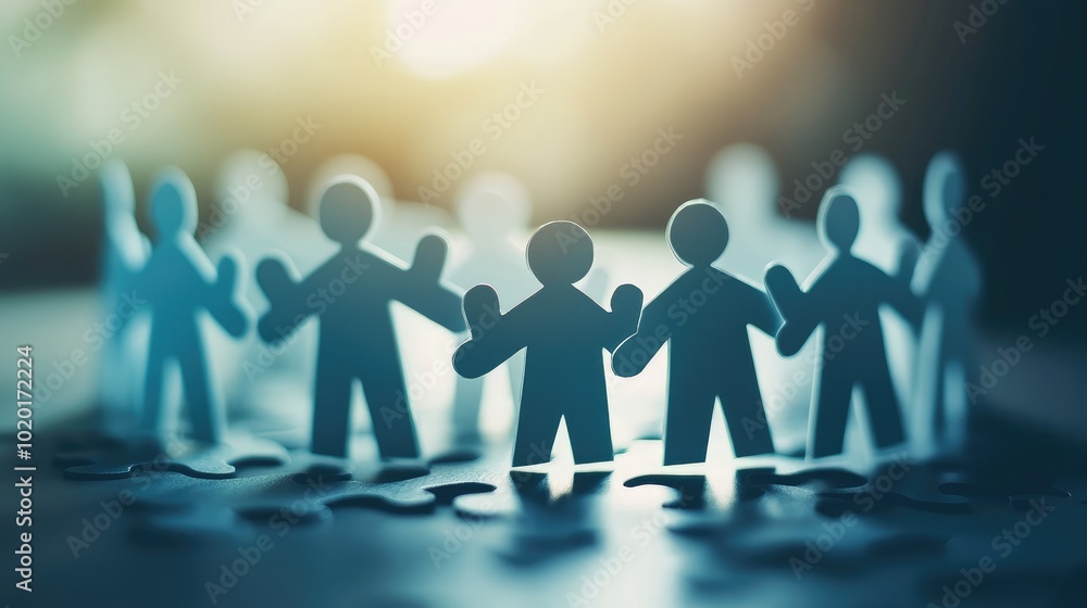 Group of paper businessmen in 3D, fitting puzzle pieces together to represent collaborative teamwork in a business setting. Group of paper businessmen in 3D, fitting puzzle pieces together to represent collaborative teamwork in a business setting.