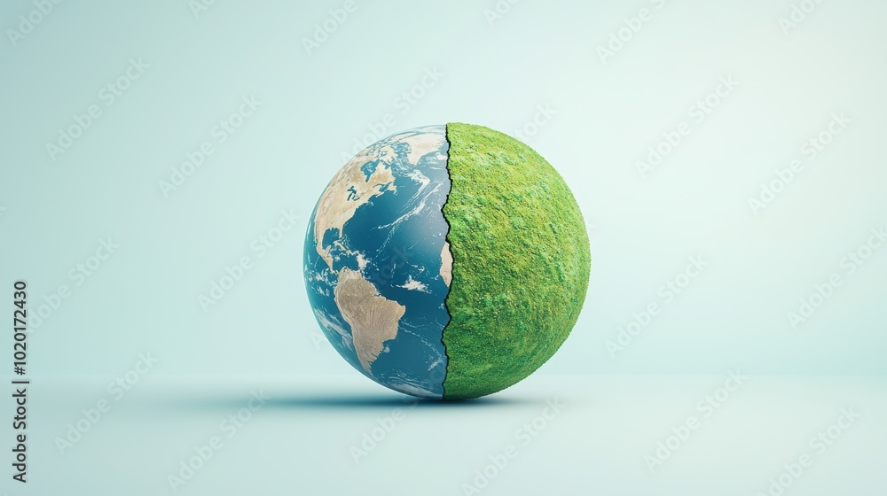 Half planet earth, half green landscape Half planet earth, half green landscape