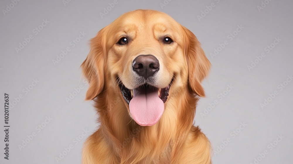 Golden retriever smiling with tongue out, close-up portrait against a neutral background