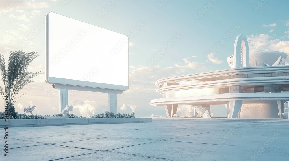 Highway billboard with a clean white screen, set against a futuristic building, with open copy space for text. Highway billboard with a clean white screen, set against a futuristic building, with open copy space for text.