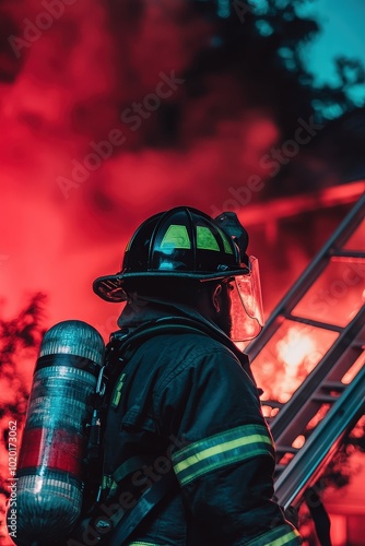 Firefighter in action near blazing fire