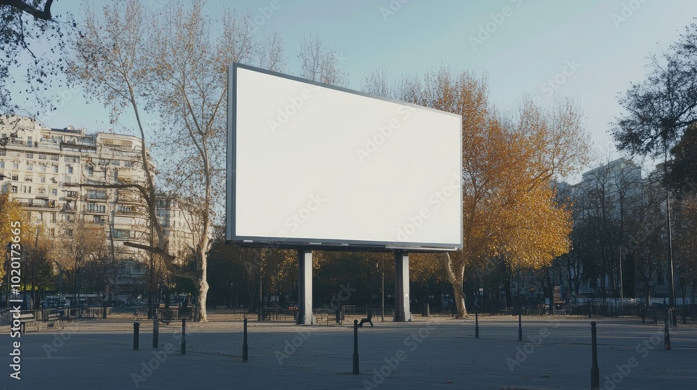 Large outdoor billboard with a white screen on a minimalist structure, perfect for copy space in a modern city setting. Large outdoor billboard with a white screen on a minimalist structure, perfect for copy space in a modern city setting.