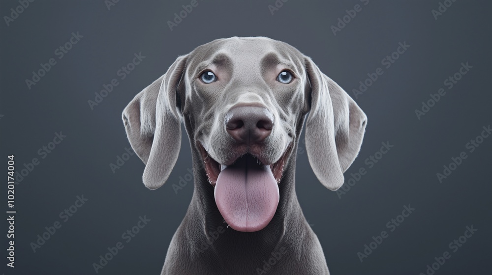 Weimaraner smiling with tongue out against a dark gray background Weimaraner smiling with tongue out against a dark gray background
