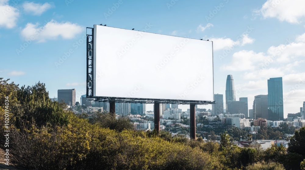 Fototapeta premium Large white-screen billboard standing against a city skyline, featuring wide-open copy space for advertising.