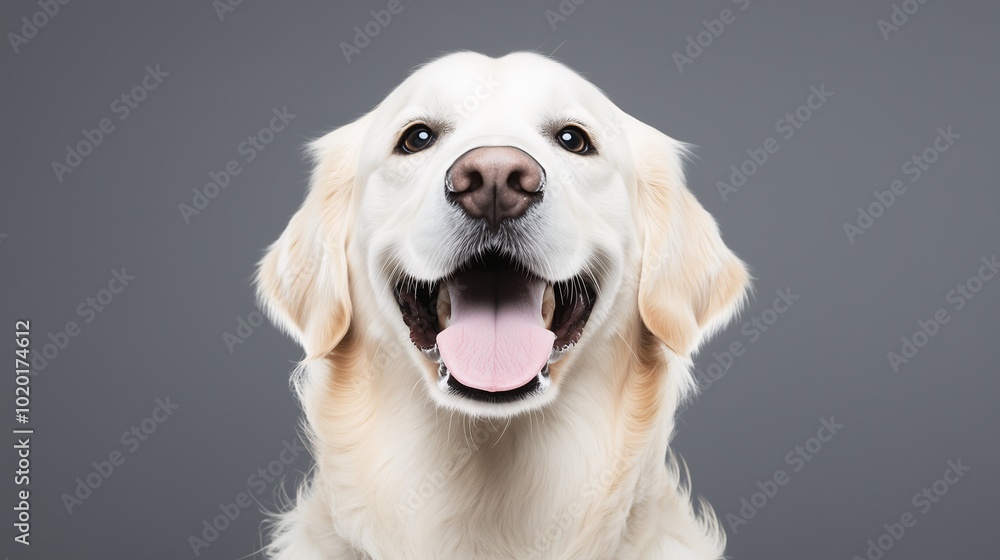 White golden retriever smiling with tongue out against a gray background White golden retriever smiling with tongue out against a gray background