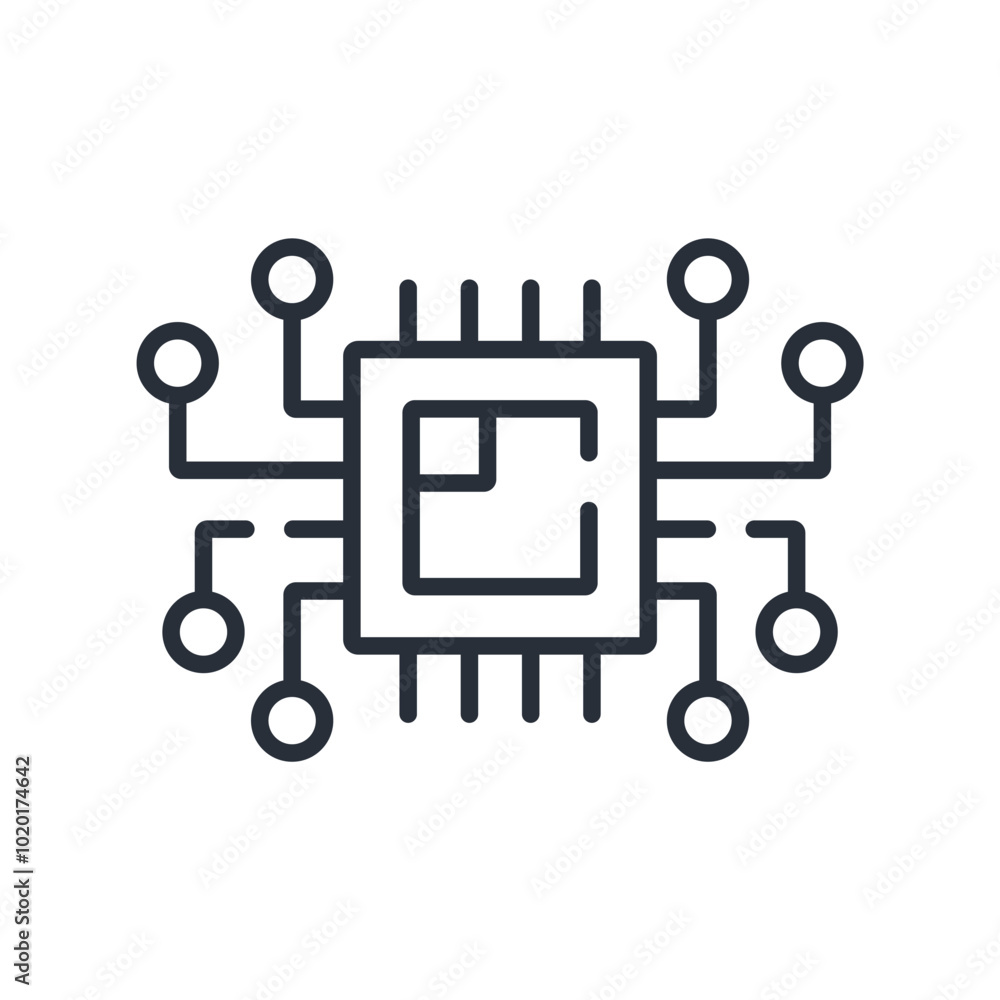 Electronic board with CNC processor. Technical innovation. Computer Numerical Control. Vector linear icon isolated on white background. Electronic board with CNC processor. Technical innovation. Computer Numerical Control. Vector linear icon isolated on white background.