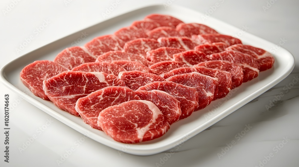 white platter displayed very thin slices of raw beef, cut into stripes and neatly arranged on the plate white platter displayed very thin slices of raw beef, cut into stripes and neatly arranged on the plate