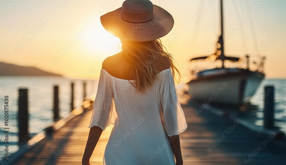 Fototapeta premium Woman Walking on Pier.
