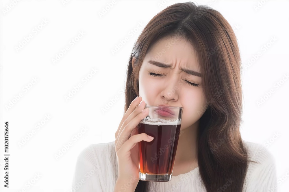 Portrait of a beautiful young Asian woman holding a glass with cola and suffering from a toothache, isolated on a white background. Portrait of a beautiful young Asian woman holding a glass with cola and suffering from a toothache, isolated on a white background.