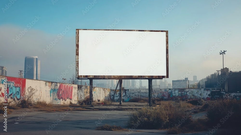 Minimalist billboard with a white screen, set in an urban landscape with wide copy space for creative use. Minimalist billboard with a white screen, set in an urban landscape with wide copy space for creative use.